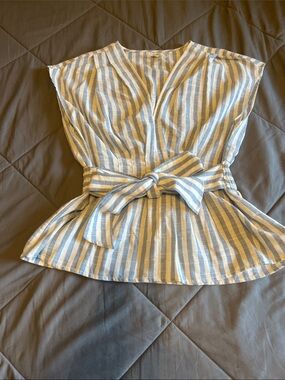 Max Studio Blue and White Striped Tie-Waist Blouse